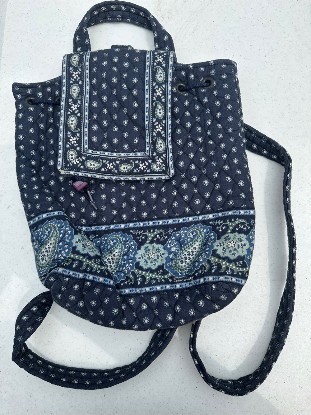Vera Bradley Navy Quilted Paisley Drawstring Backpack